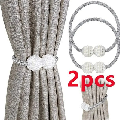 2pcs Pearl Magnetic Curtain Tie Back Clips Rope Holders Home Decor Set - NEW