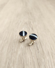 Mens Fabric Stripe Round Cufflinks Navy Light Blue Classic Style