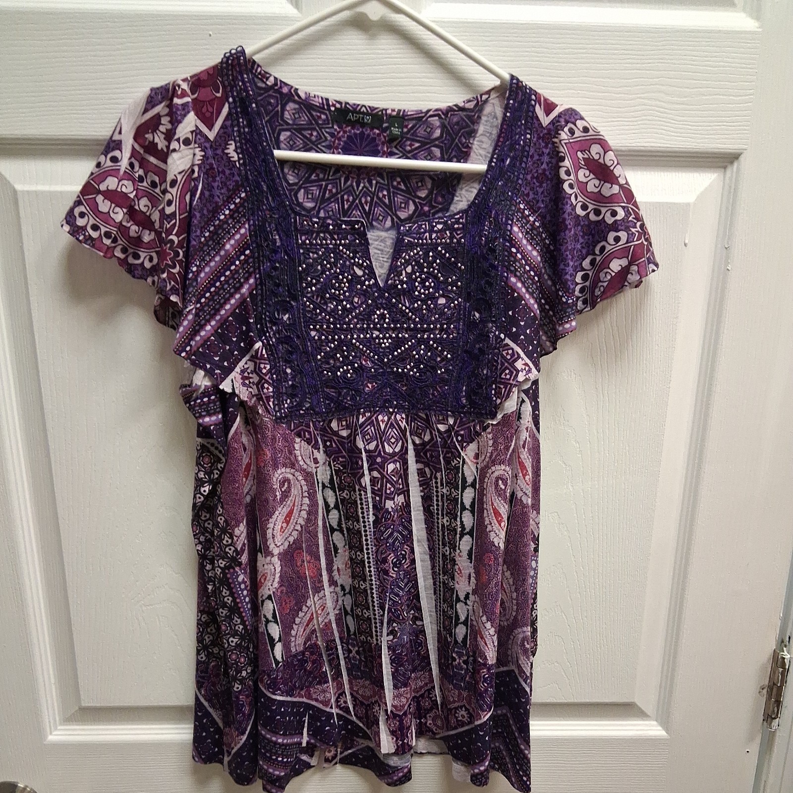 Apt 9 L Top Sublimation Large Stretch Blouse Green Ruffle Bling Lg Shirt
