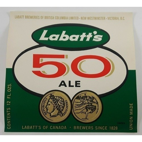 Labatt's 50 Ale Beer Bottle Label Labatt Breweries New Westminster Victoria BC