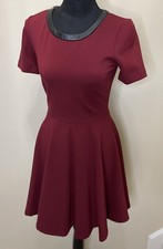 Madewell Women’s Burgundy Fit & Flare Short Sleeve Skater Leather Trim Dress XS