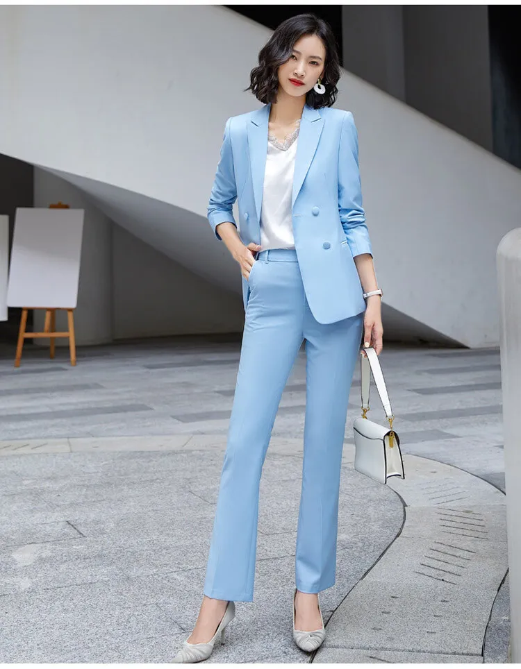 År Bule program Womens New Light Blue Suits Blazer With Pants Two Piece Set Office Elegant  Work | eBay