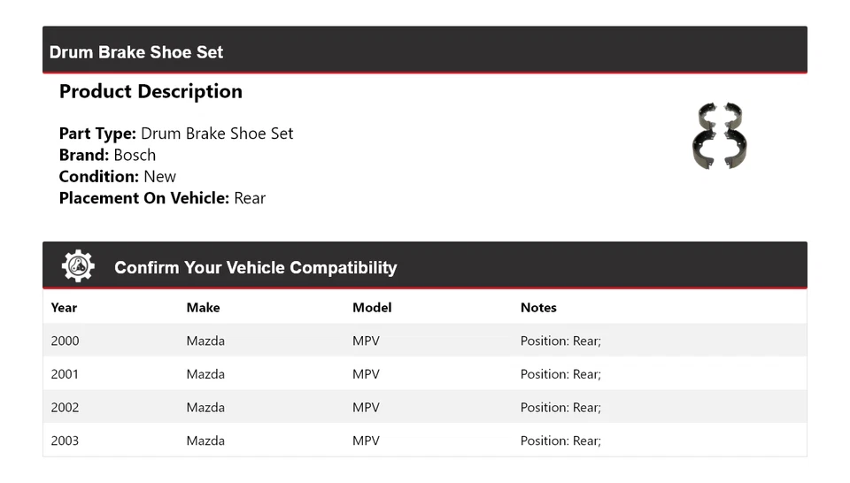Juego de zapatas de freno de tambor traseras para Mazda MPV Bosch 2000-2003 2001 2002 Foto 2 de 4