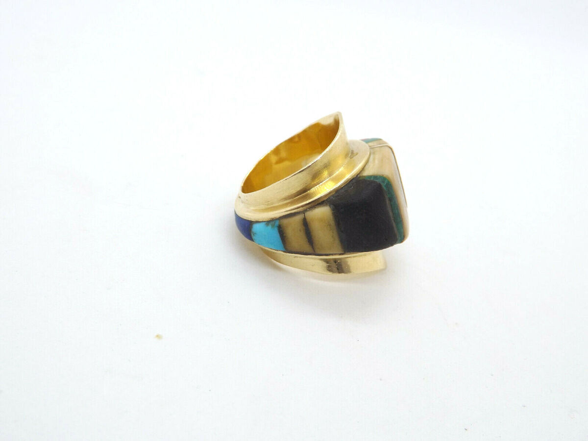 Early Charles Loloma Hopi 14K Gold Stone Inlay Ring, size 6.5, unsigned Early Charles Loloma Hopi 14K Gold Stone Inlay Ring, size 6.5, unsigned