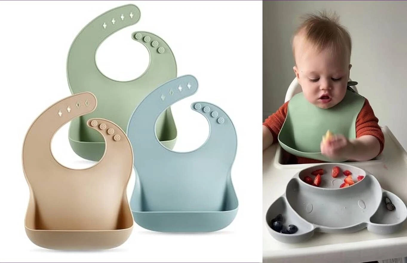 Juego de 3 baberos de silicona para bebés, impermeables, suaves, unisex, de 10.