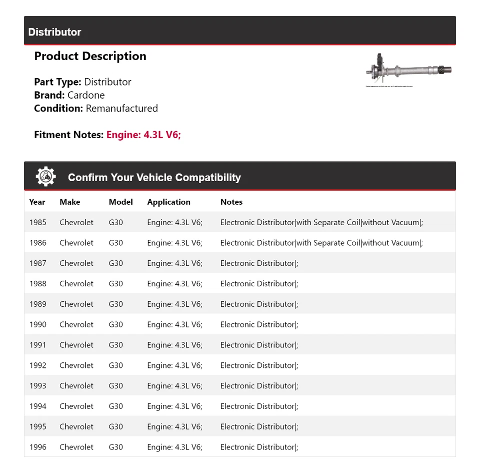 Para Chevrolet G30 1985-1996 4,3 L V6 Distribuidor Cardone 1986 1987 1988 1989 1990 Foto 2 de 4