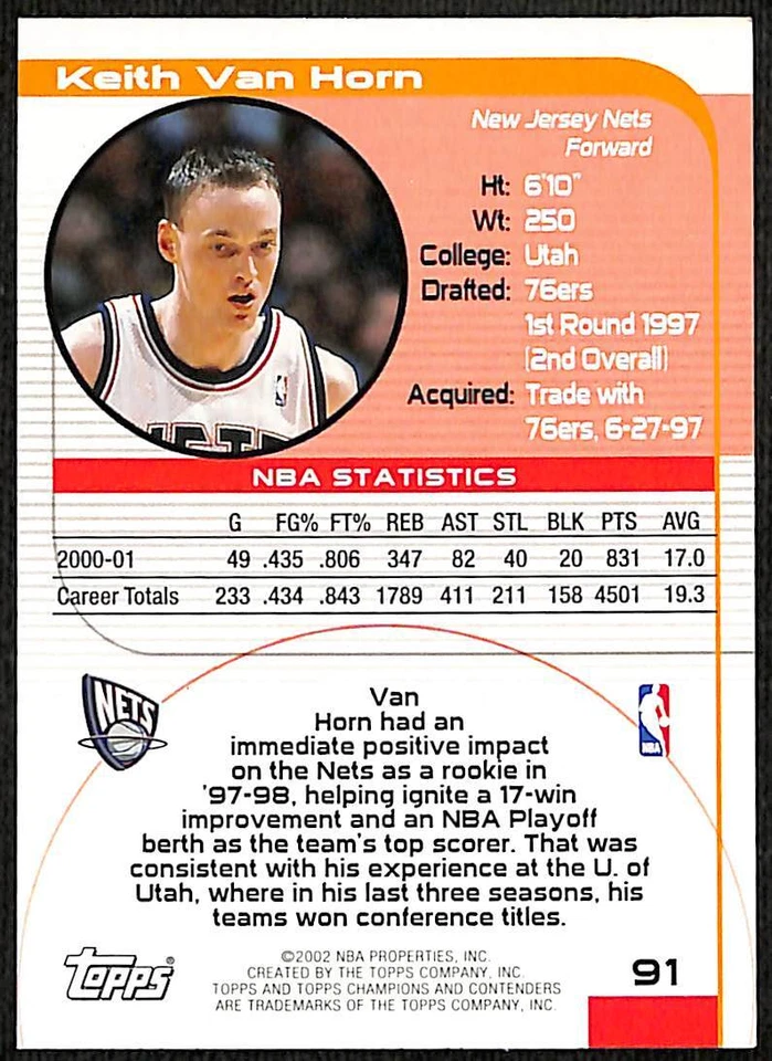 2001 Topps TCC Keith Van Horn #91 New Jersey Nets - Image 2 of 2