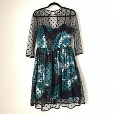 Eliza J Dress Womens 6 Black Polka Dot Mesh 3/4 Sleeve Fit Flare Abstract Floral