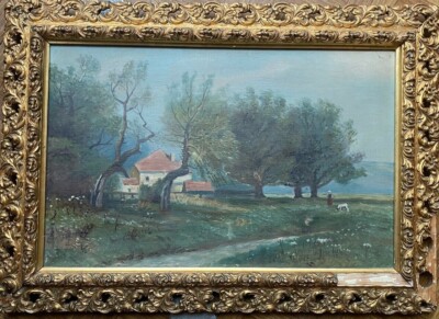 ::ÖLGEMÄLDE ROMANTIKER HAUS AM UFER UM 1890 ZIEGENHIRTIN MÄDCHEN AUF DER WIESE