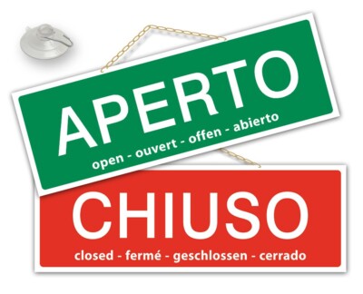 Schild OFFEN und GESCHLOSSEN mittel/groß 24 x 8,8 cm Set Kette und Saugnapf
