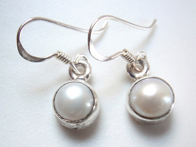 Cultured Pearl 925 Sterling Silver Dangle Earrings Round Small