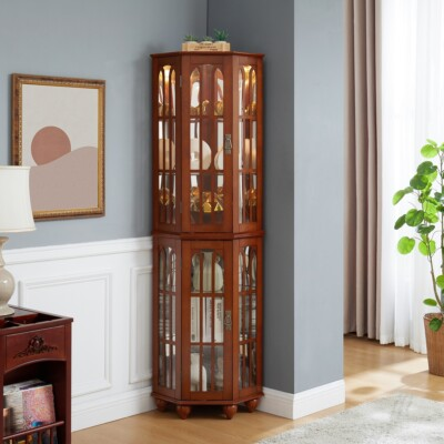 #ad 70quot; High Corner Curio Cabinet w 4 Adjustable Tempered Glass Shelves Light System $248.79