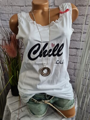 Heine Top Shirt Trägertop weiß Spitze 40/42 Damen Aufschrift (0122)