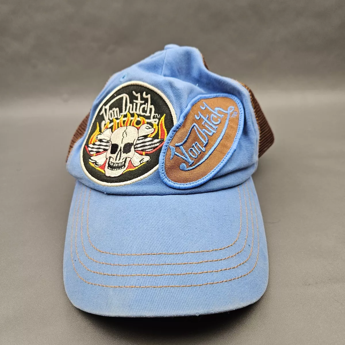 Von Dutch Trucker Hat Two Patch Mens Blue Brown Skull Snapback