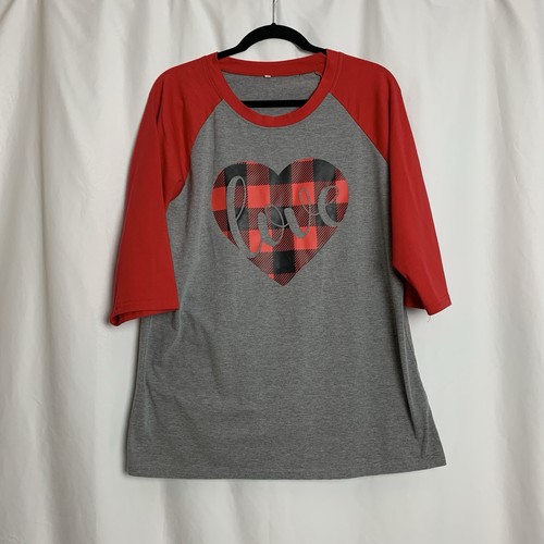 Unbranded Love Plaid 3/4-Sleeve Raglan T Shirt Women Sz XL Red Gray Pre ...