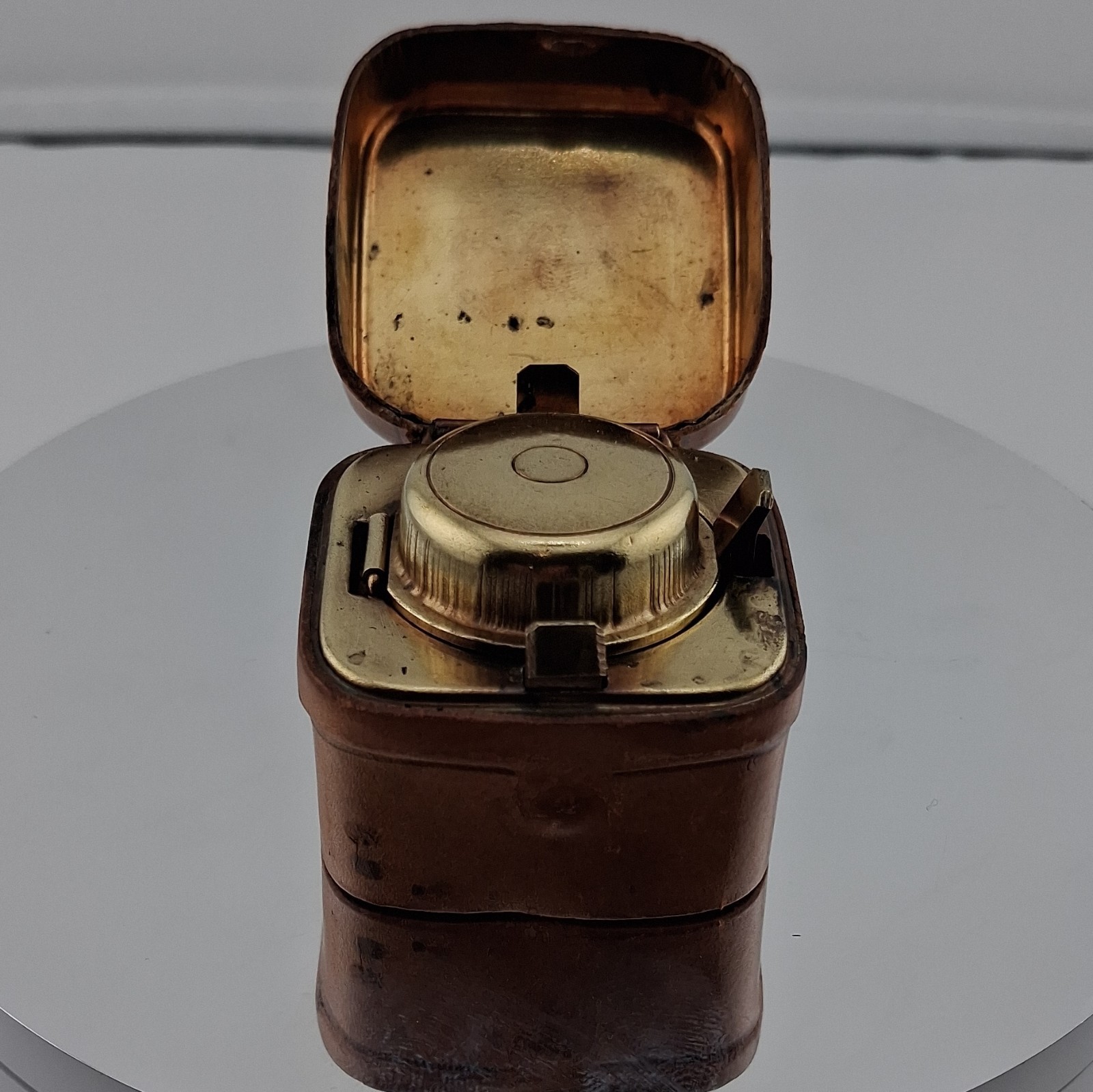 Antique Kid Leather and Travelling Metal Inkwell Late Victorian.