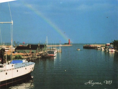 Algoma Wisconsin Boats Lighthouse Rainbow VTG  Postcard Posted 1997
