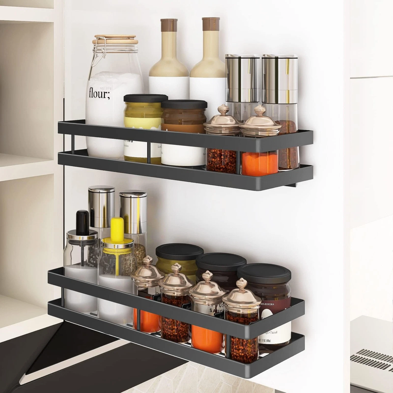 Spice Rack Organizer Wall Mount, 14" Hanging Black Spice Organizer Shelf, 2 P...