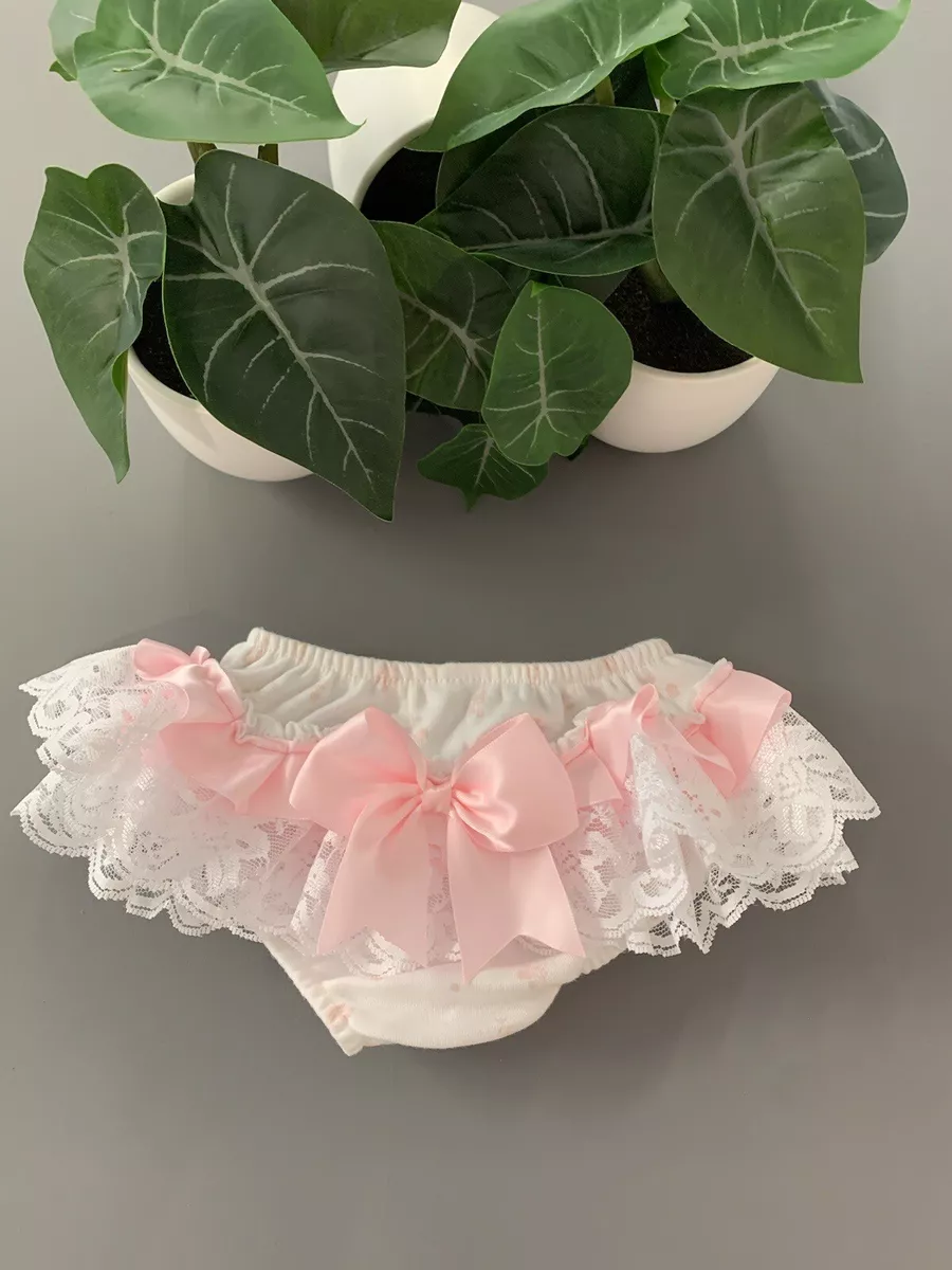 Romany/Spanish Frilly Knickers With White Lace Pink Ribbon & A Bow 12-18  Months