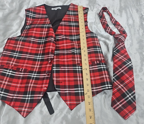 Vesuvio Napoli Italy Vest Neck Tie Set Red Plaid Academia Formal Event Size M - Picture 3 of 8