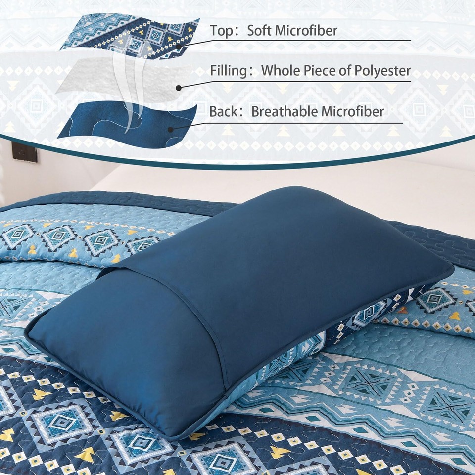 WONGS BEDDING Blue Quilt Set Queen,Boho 3 Pieces Bedspread Coverlet Set