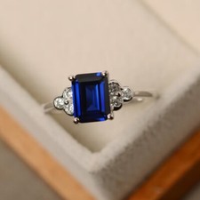 Blue Sapphire Ring Lab Created Gemstone 925 Sterling Silver Women Minimal Ring