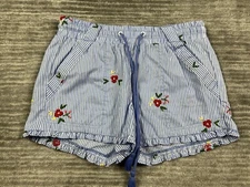Jolt Shorts Womens Small Blue White Pinstriped Floral Embroidered Pull On