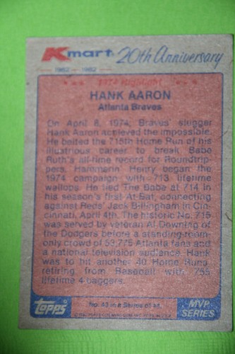 HANK AARON: TOPPS-KMART 20 ANIVERSARIO SERIE MVP 1962-1982 - Imagen 2 de 2