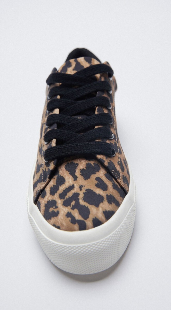 Zara Leopard Animal Print Lace Up Sneakers Trainers UK3 EU36
