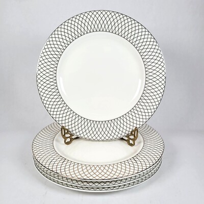 Ciroa Trellis Fine China Dinner Plates Set Of 4 White Geometric Silver 10.5''