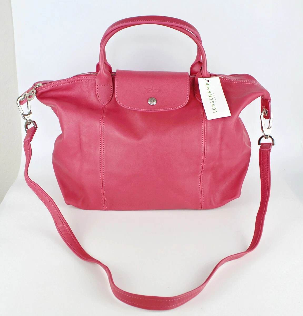 NEW LONGCHAMP Le Pliage Cuir Medium Leather Satchel, Pink, MSRP