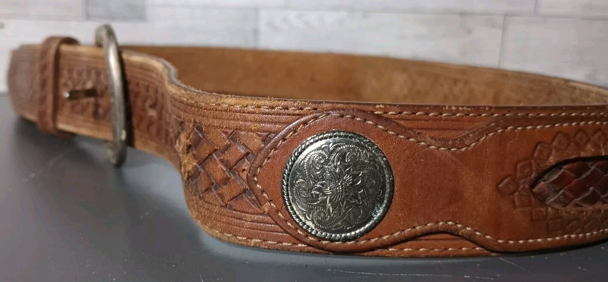Vintage 1990 Leegin Silver Creek Leather Tooled Belt Silver 