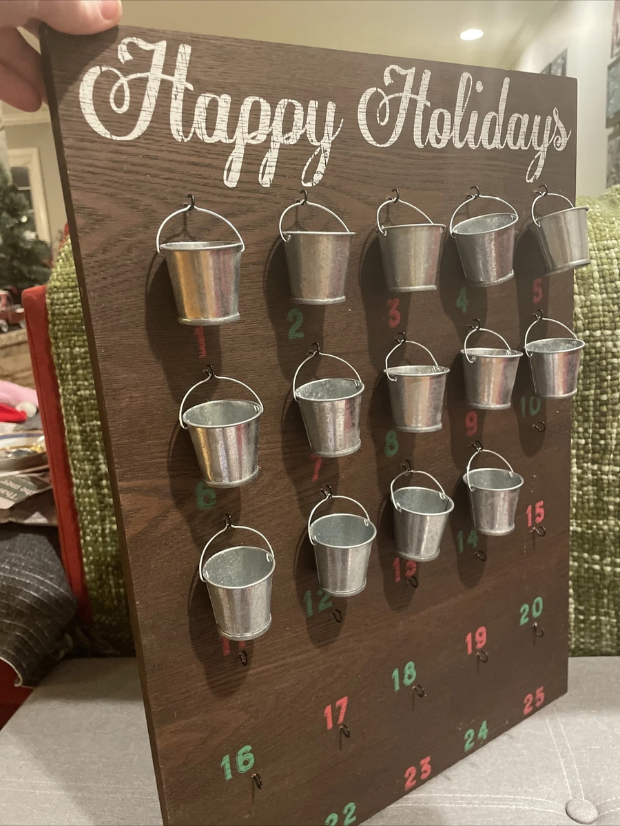 Rustic Wooden Christmas Happy Holidays Advent Calendar w/ 14 Metal Bucket  Pails | eBay