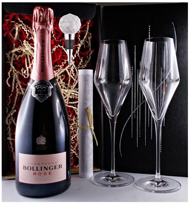 Bollinger Rosè Champagner + Flaschenverschluß Crystal + 2 Gläser Flame Geschenk