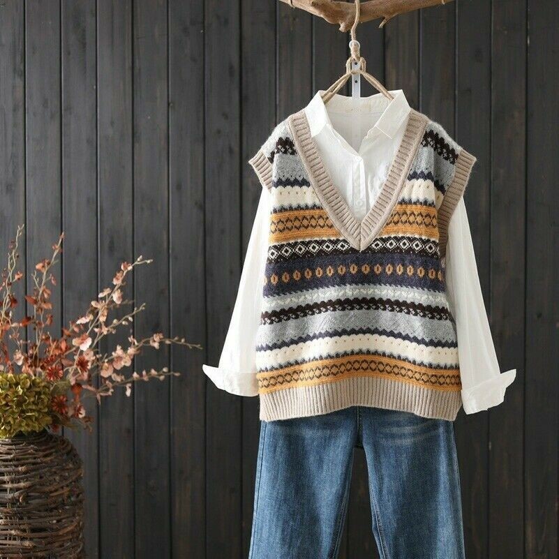 Women Knit Vest Tank Top Sweater Waistcoat Sleeveless Vneck Striped