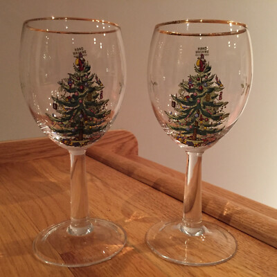 Spode Christmas Tree 12 oz Crystal Wine Glasses Etched w/ Gold Rim | eBay