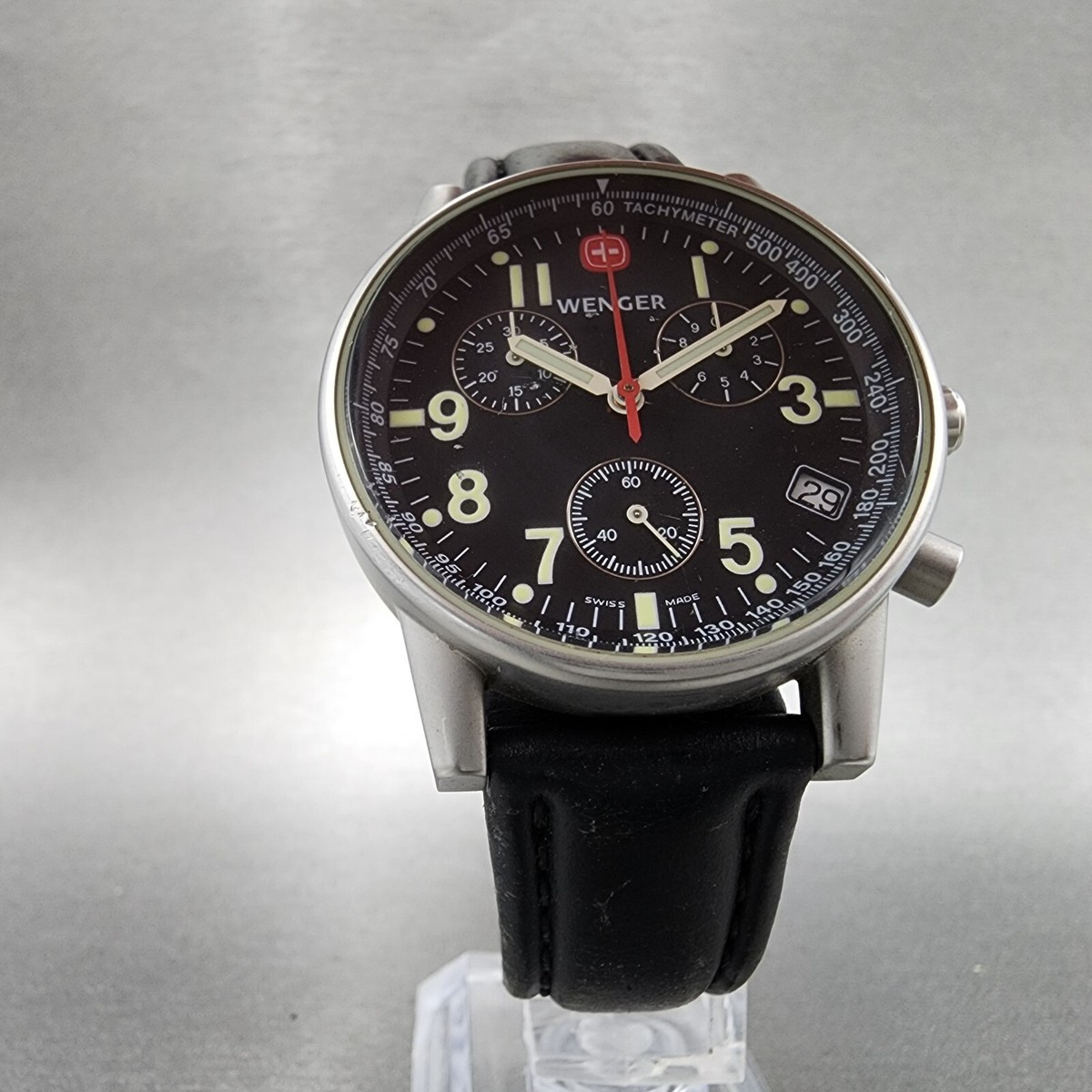 Wenger Chronograph Watch Men 39mm Black Dial Silver Tone Date