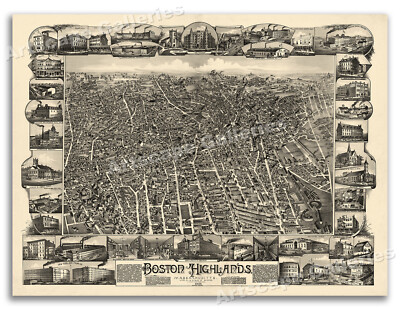 1888 Boston Massachusetts Vintage Old Panoramic City Map - 24x32