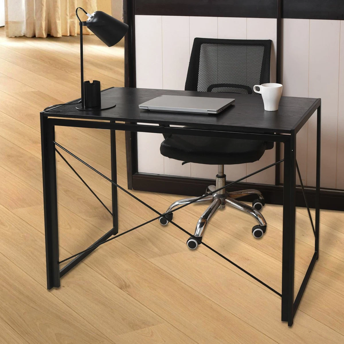 Black Folding Computer Desk Wooden Top Foldable Study Table Laptop