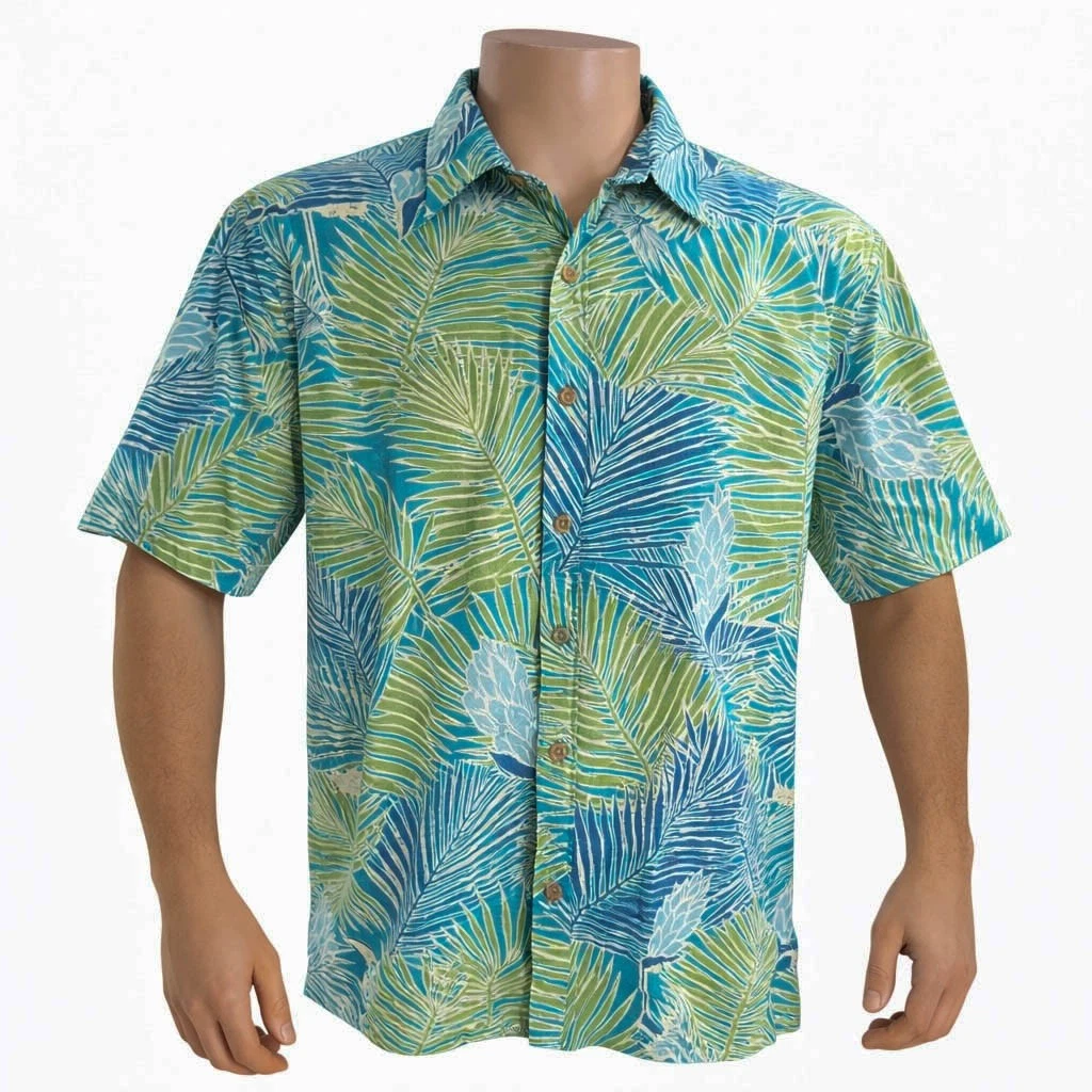 Cooke Street Hawaiian Aloha Shirt Large Floral Abstract Leaf Fronds Green Blue
