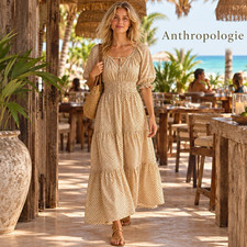 Anthropologie Beige Smocked Tiered Maxi  Dress Puff Sleeve S Boho Cottagecore