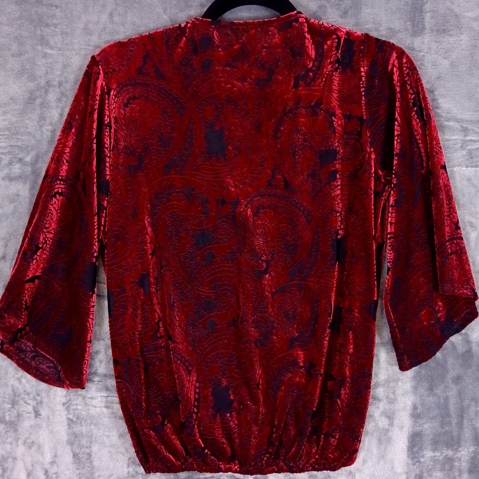 Blusa Veronica M Mujer Pequeña Roja Terciopelo Paisley Sobrepelliz Envolvente Top Hecha en EE. UU. Foto 3 de 4