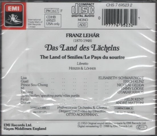 Lehár: Das Land des Lächelns - Schwarzkopf, Gedda, Ackermann - Emi 2 CDs OVP - Bild 2 von 2