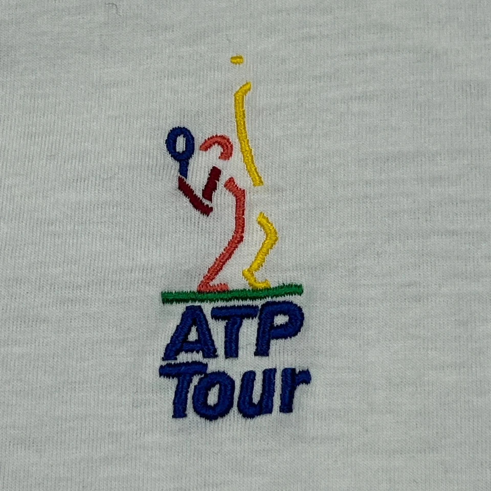 Camisa polo masculina vintage Adidas tênis grande branca multi década de 1990 ATP Tour tênis jersey - Imagem 4 de 4