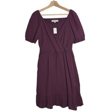 LOFT Crinkle Mini Dress NEW Womens Size 2 Burgundy Puff Sleeve Ruffle