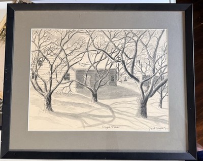 Grant Arnold Original 1952 Apple Trees Framed Ink Watercolor Signed Art