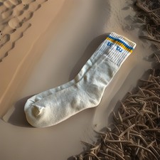 Men's VTG Socks Wilson Spell Out Blue Crew 80s Stripe Size 9-11 Acrylic Blend