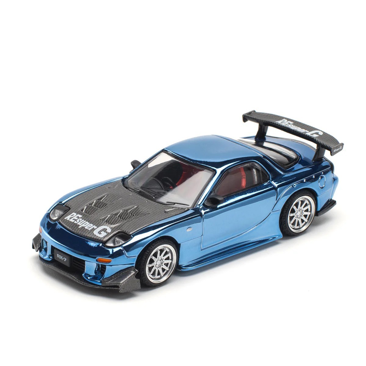 Pop Race 1:64 Mazda RX7 RE Amemiya Widebody Blue Chrome with Carbon Top PR640223