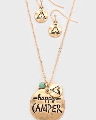 New Womens Happy Camper Tent Outdoors Hammered Pendant Necklace & Earrings Set