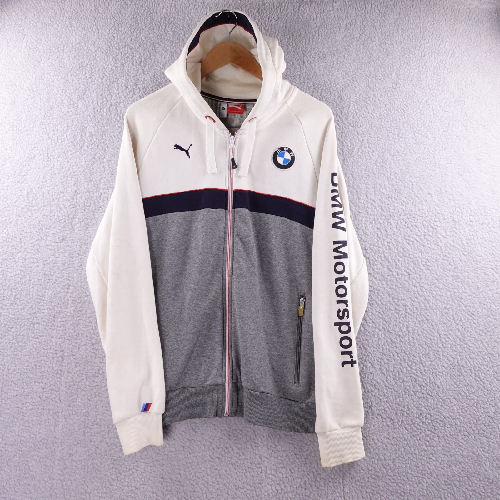 Puma BMW Motorsport Full Zip Hoodie Mens Medium White Grey Colorblock Sweatshirt